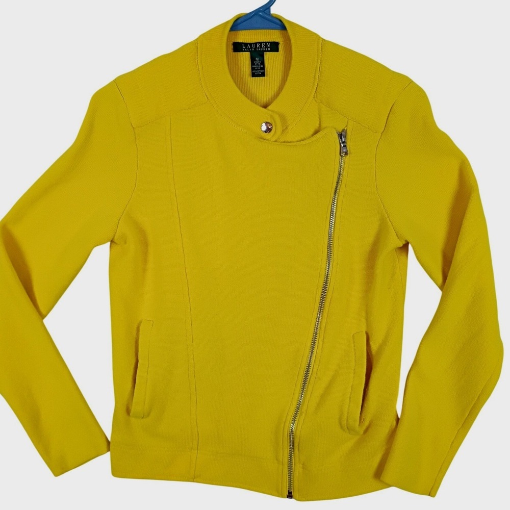Lauren Ralph Lauren Jacket Moto Women M Yellow Cotton Knit Asymmetric Zip Casual